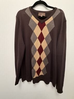 Merona Argyle Merino Wool V-Neck Sweater Brown Mens XL